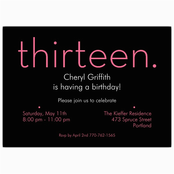 13th Birthday Invites Thirteen Pink On Black 13th Birthday Invitations Paperstyle