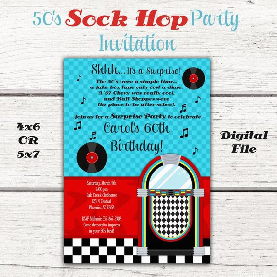 1950s birthday party invitation 50s sock