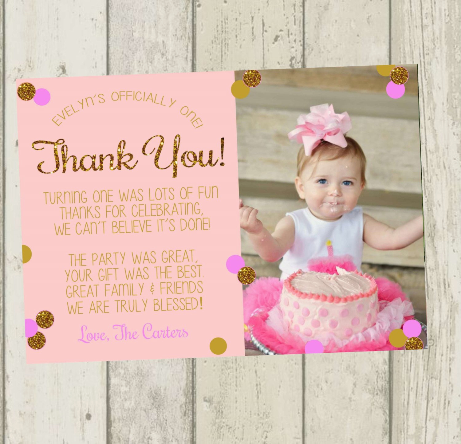 first birthday thank you card pink gold glitter thank you