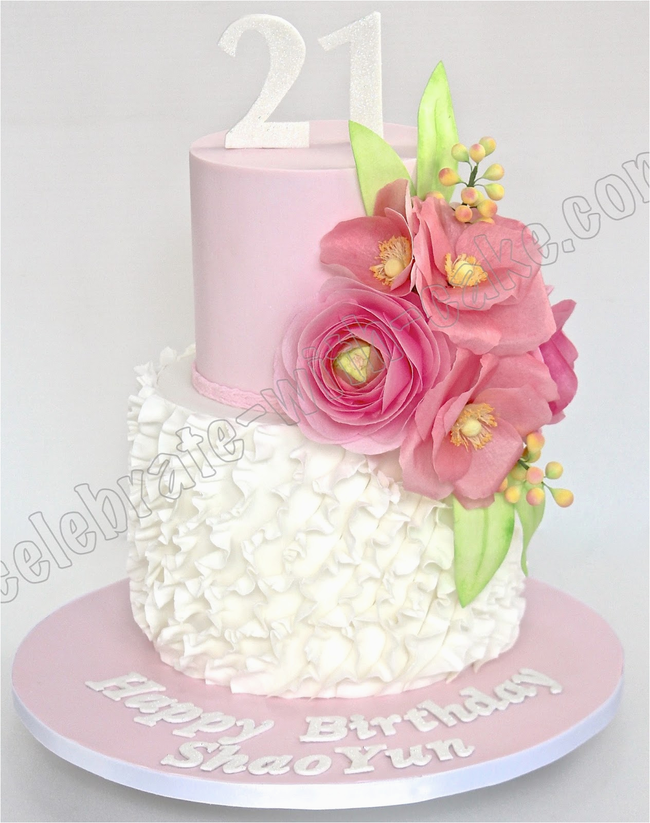 celebrate with cake flowers and ruffles 21st birthday