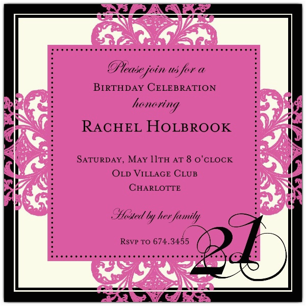decorative square border pink 21st birthday invitations