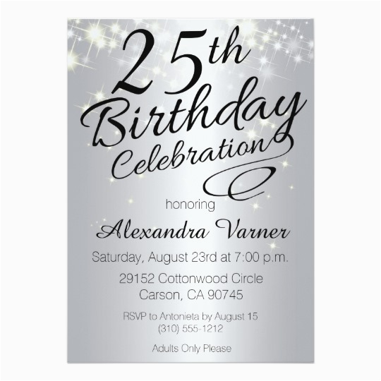 25th birthday invitations silver sparkly invites 256625156256220762