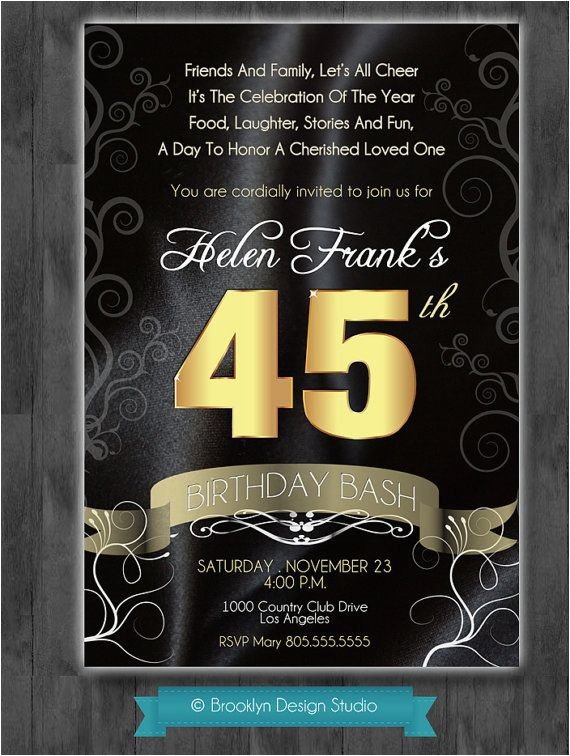45th Birthday Invitations 45th Birthday Bash Custom Designed Invitation Black