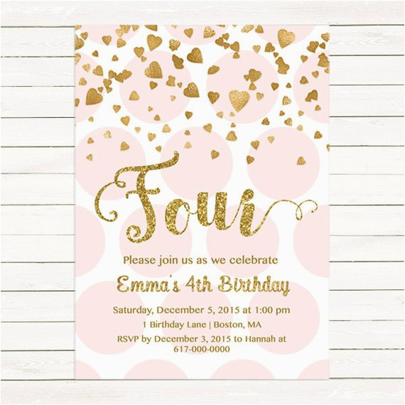 pink and gold 4th birthday invitation girl any age pink