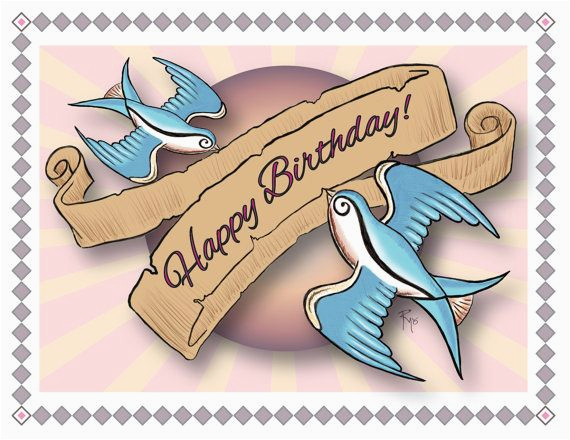 birthday card happy birthday swallows tattoo style art