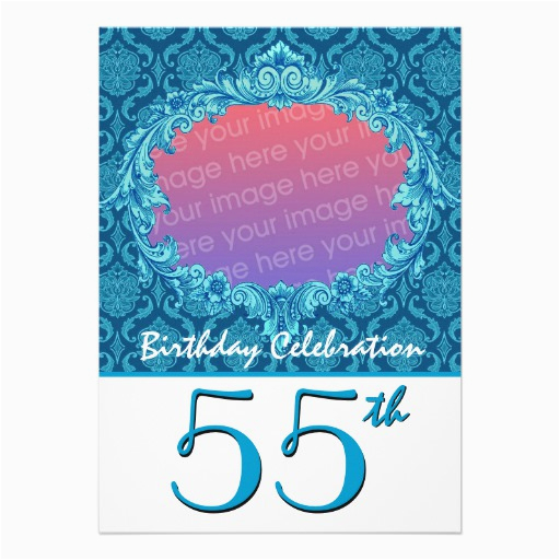 55th birthday party photo invite blue damask zazzle