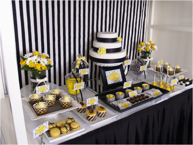 black white yellow 60th birthday party