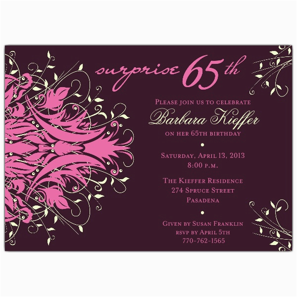 65th Birthday Invitation Wording andromeda Pink Surprise 65th Birthday Invitations Paperstyle