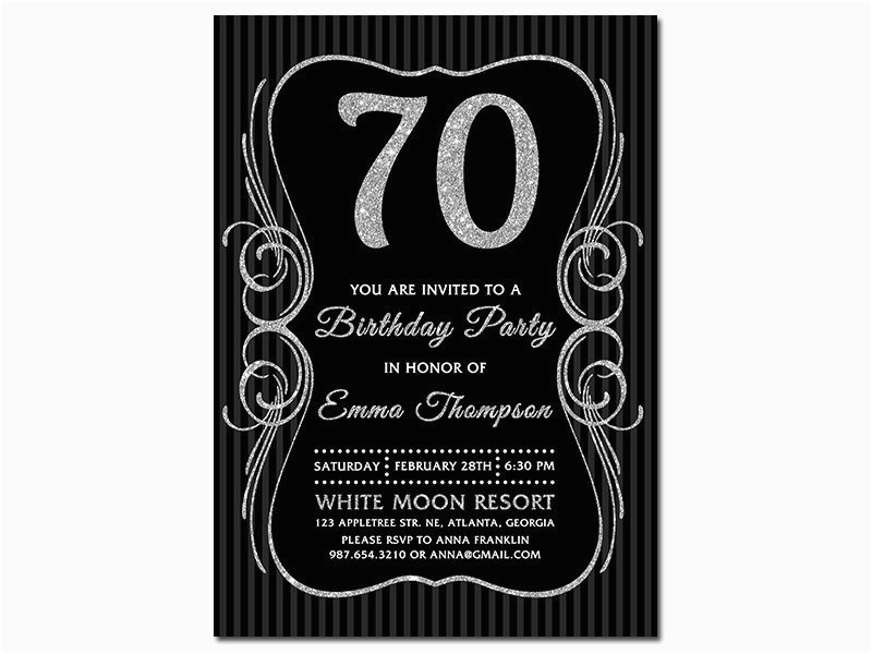 70th birthday invitations black silver