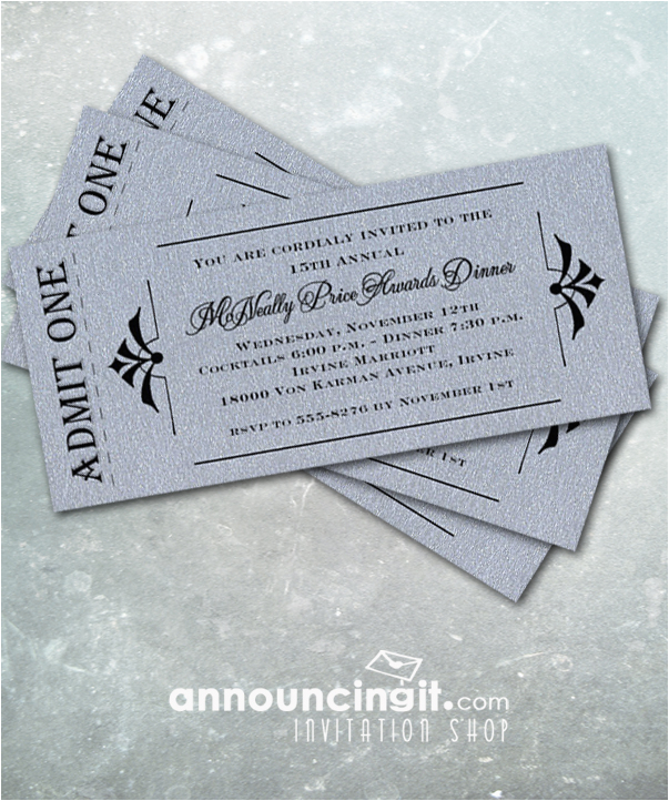 admit one shimmery silver ticket invitations