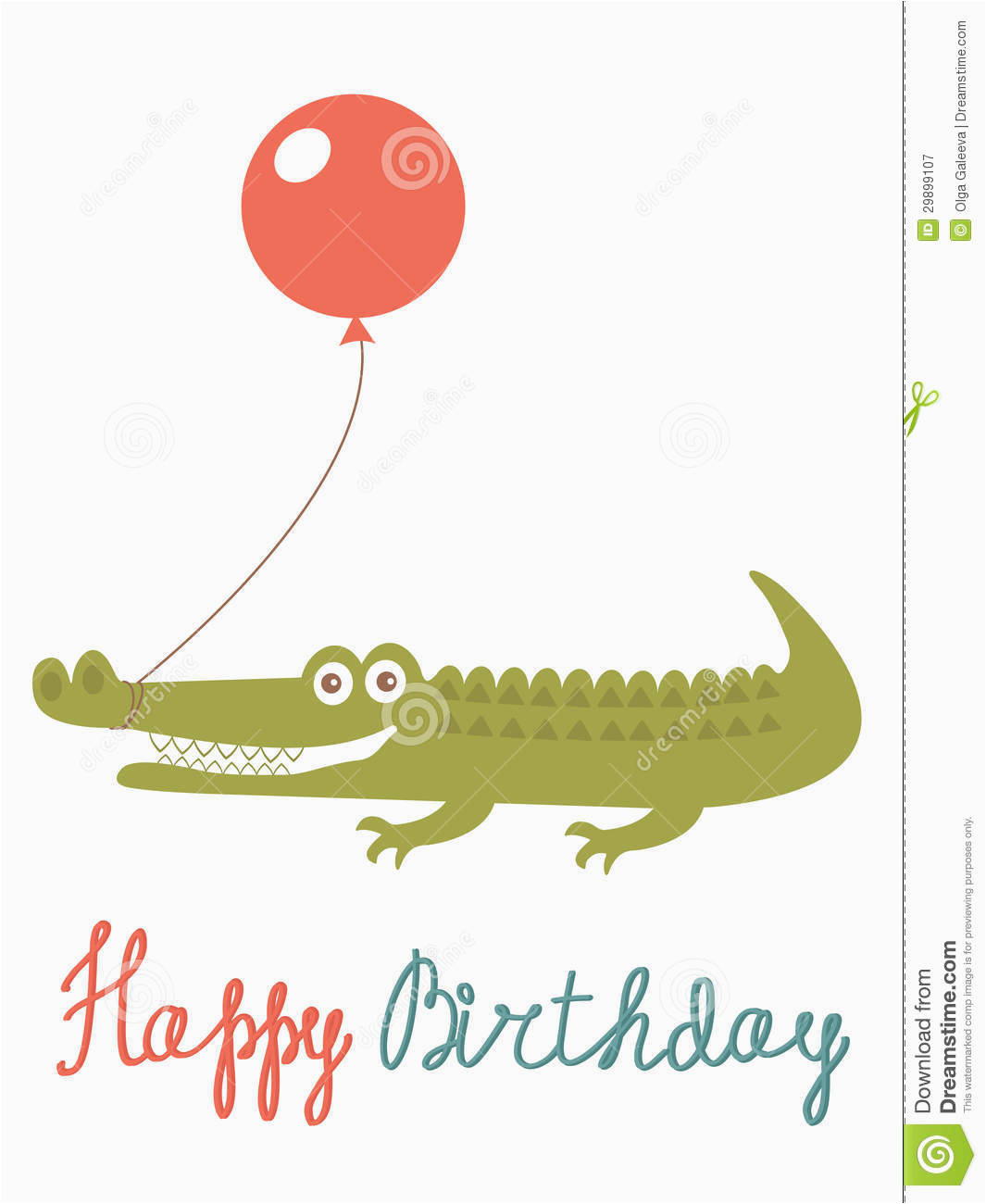 happy birthday card with alligator holding balloon stock