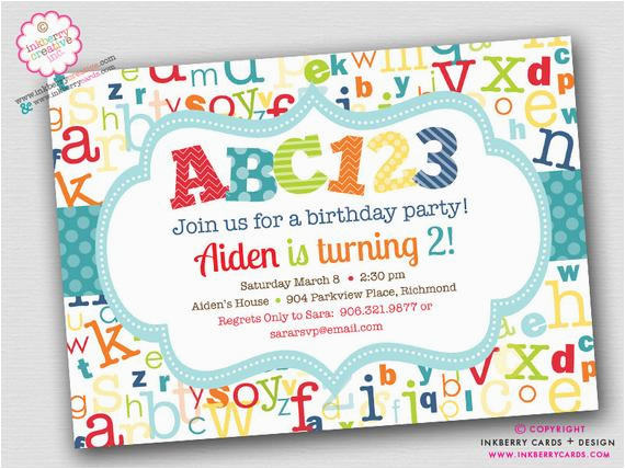 abc123 alphabet theme birthday party invitation by