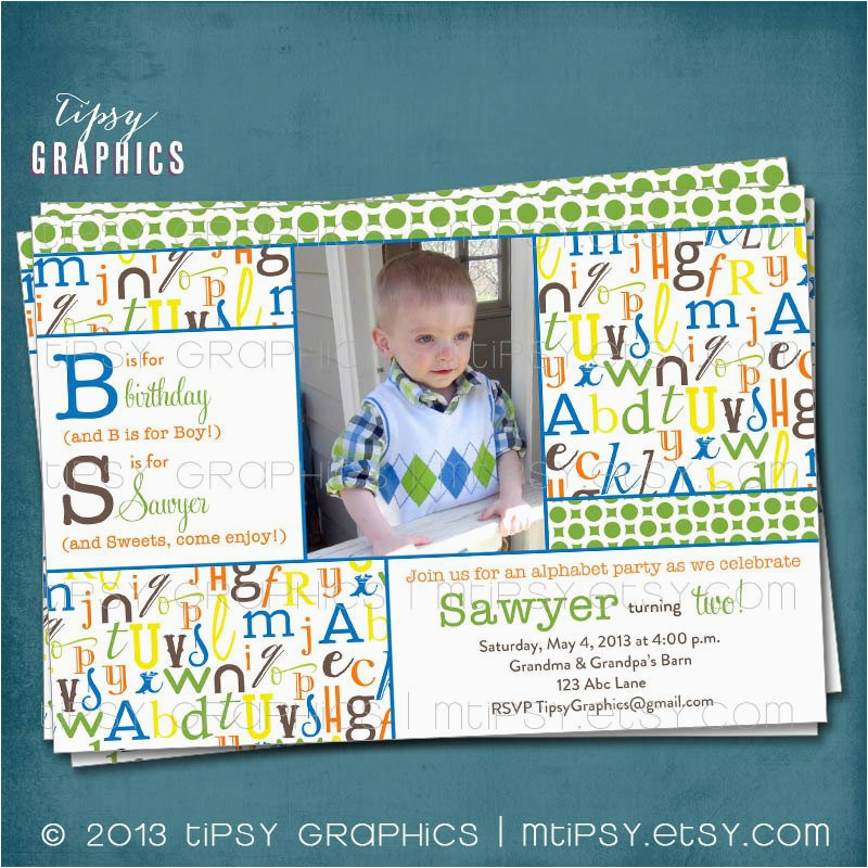 alphabet birthday party abc photo card invitation any colors