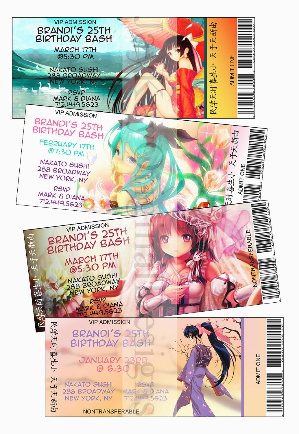 Anime Birthday Invitations Personalized Japanese Anime theme Ticket Style Birthday