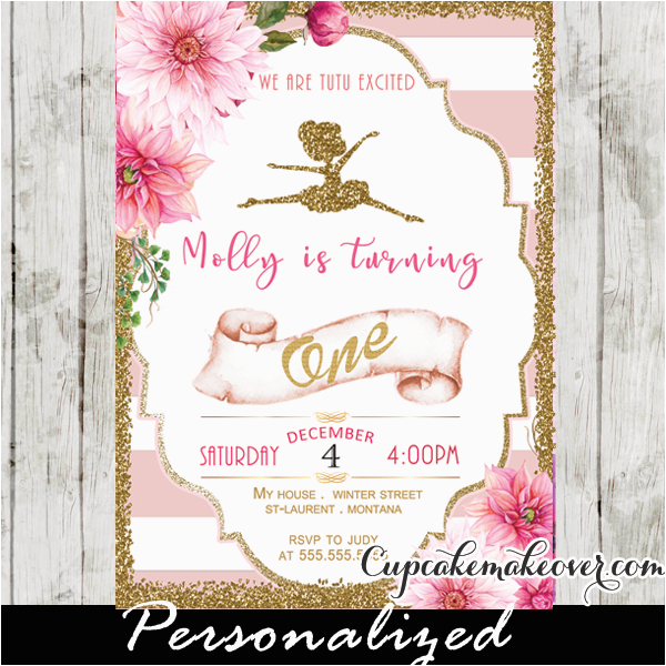 ballerina invitations pink stripes floral gold ballet birthday party