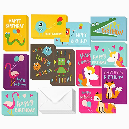 48 pack children birthday cards unicorn flamingo and monster designs happy birthday greeting cards assortment for kids variety pack bulk box set with envelopes included 4 x 6 inches