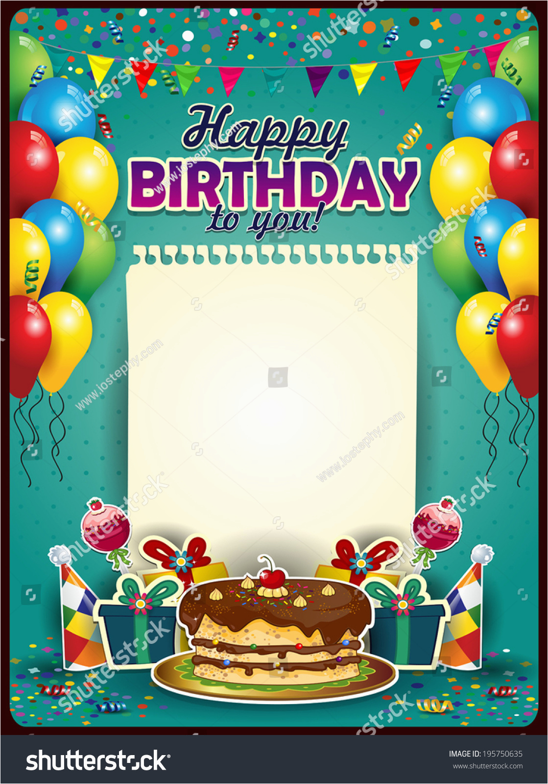 stock vector happy birthday with a sheet of paper vertically with balloons and cake space to insert your text