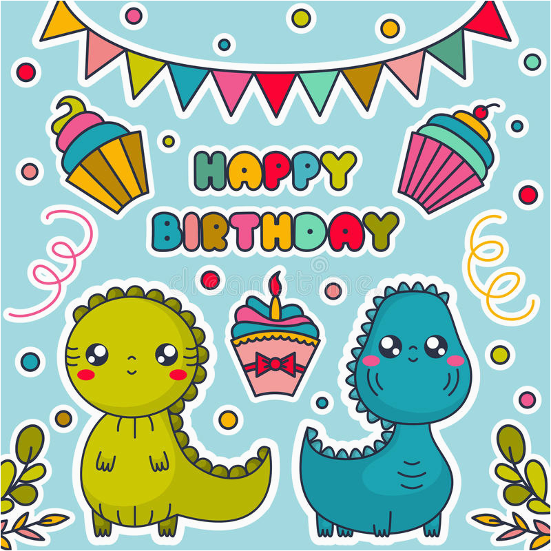stock illustration happy birthday card kawaii dinosaurs cakes bunting flags confetti cartoon characters vector illustration image79729256