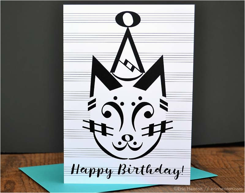 music birthday card party cat birthday card music note