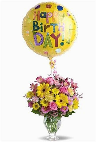birthday balloons and fresh flowers in yellow and pink png