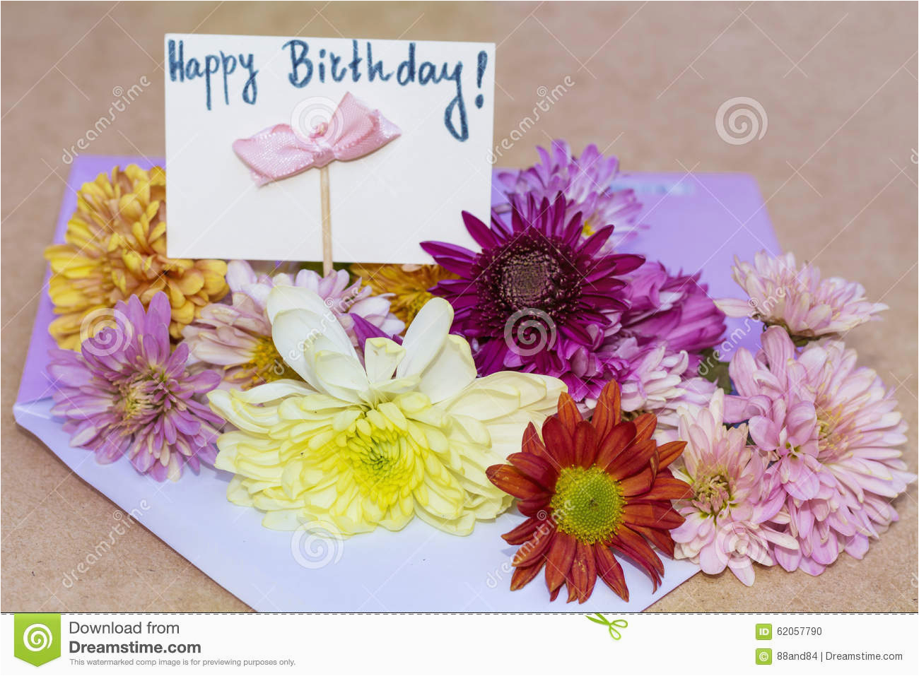 chrysanthemums flowers in violet envelope with i happy