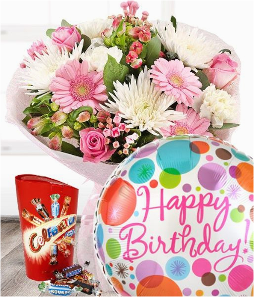 birthday flowers gift set including balloon and chocolates