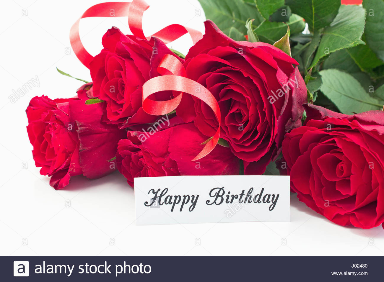 happy birthday card with bouquet of red roses on white