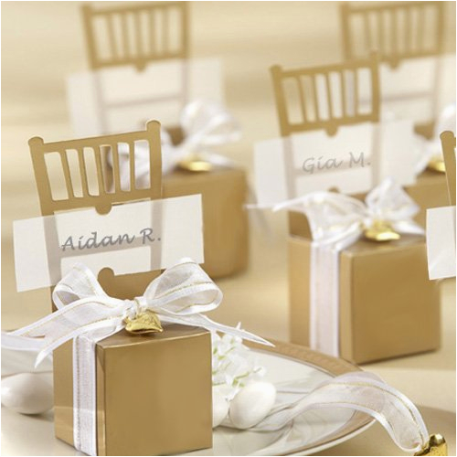 gold chair favor box place card holders with monogram stickers