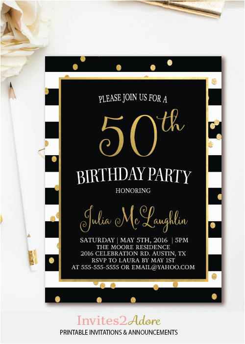 Black and White 50th Birthday Party Invitations Black White Stripe ...