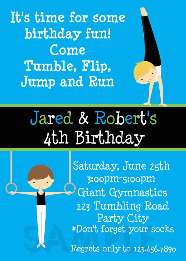 Boy Gymnastics Birthday Party Invitations Printable Birthday Invitations Twins Party Gymnastics themed