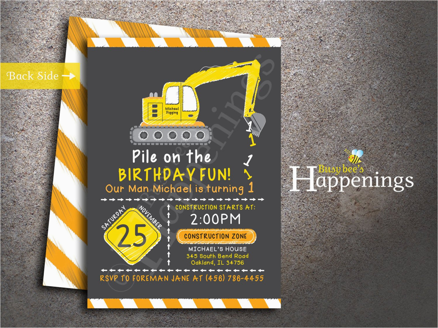 bull dozer birthday invitation