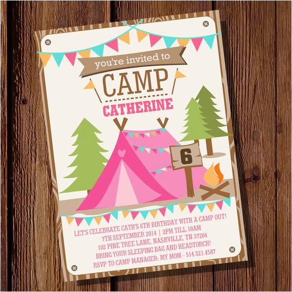 backyard camping party invitation for a girl summer campout invite