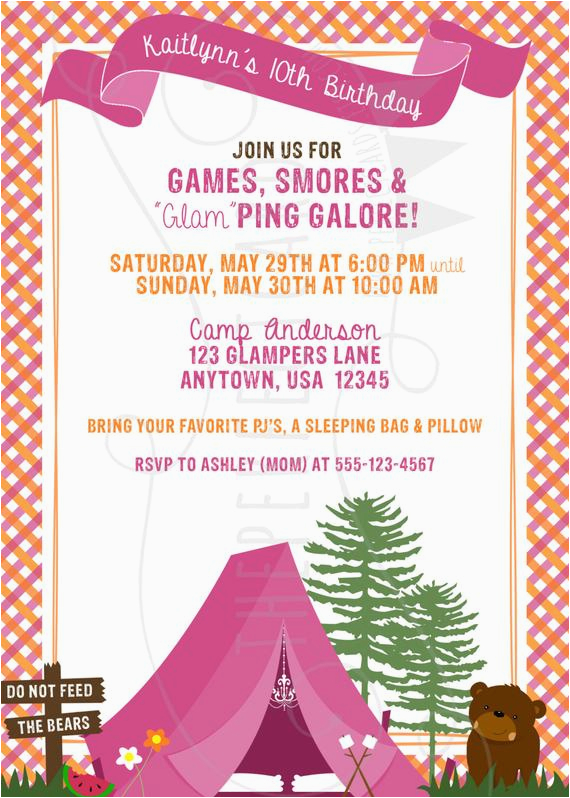 new glam campout camping birthday invitation