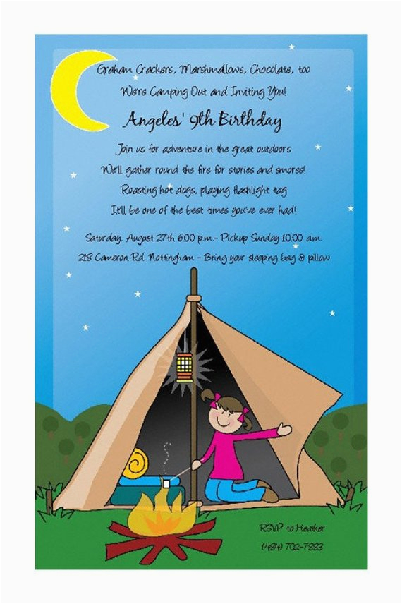 camping girl in tent invitations bonfire
