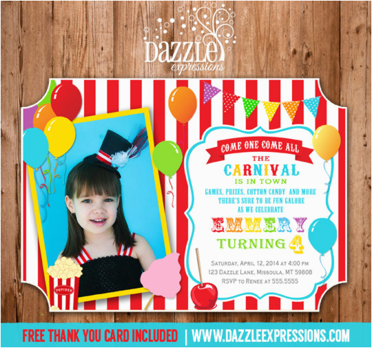 circus or carnival birthday invitation 3 thank you card included
