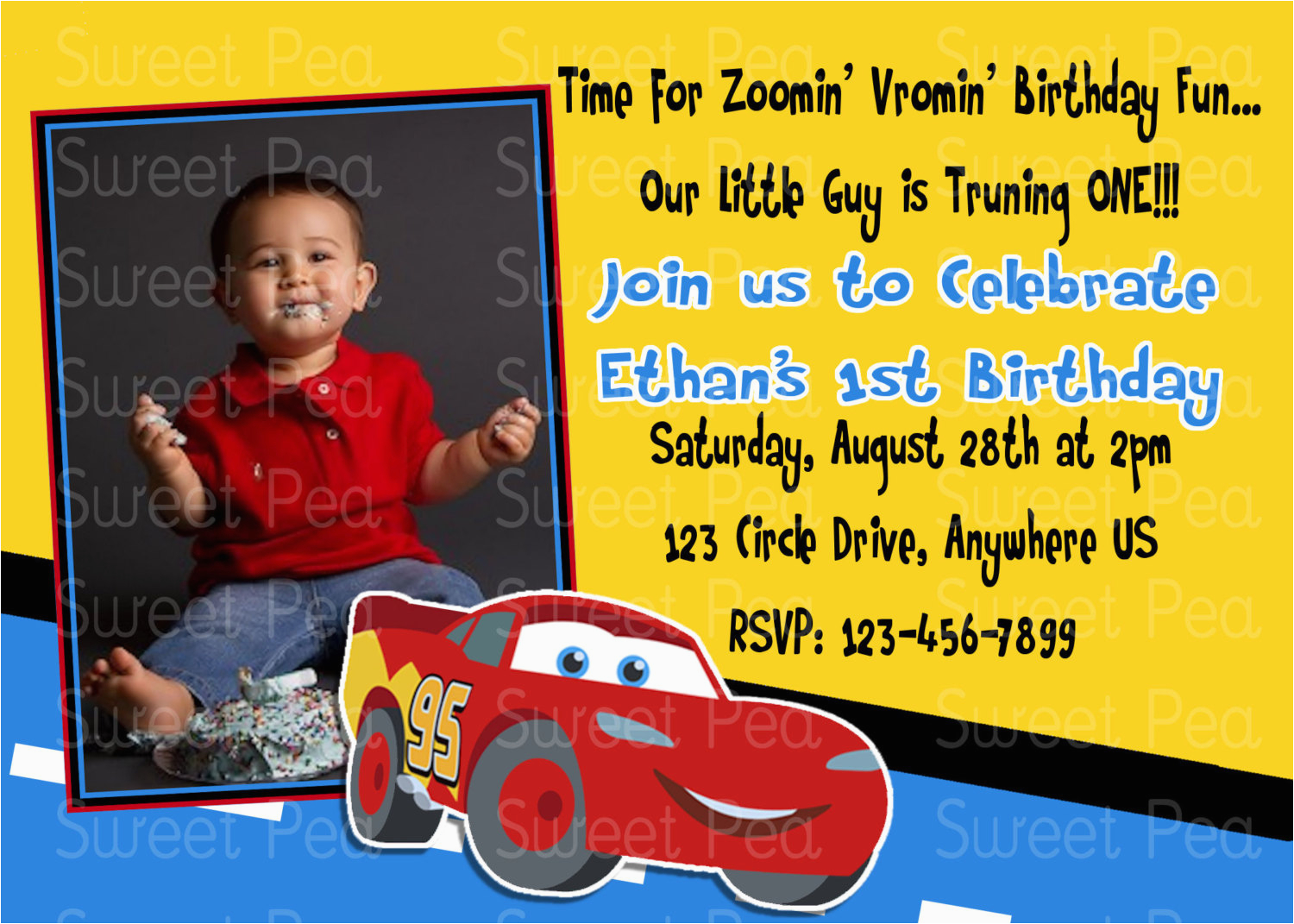 Cars First Birthday Invitations Disney Car 39 S 1st Birthday Invitation or Thank by