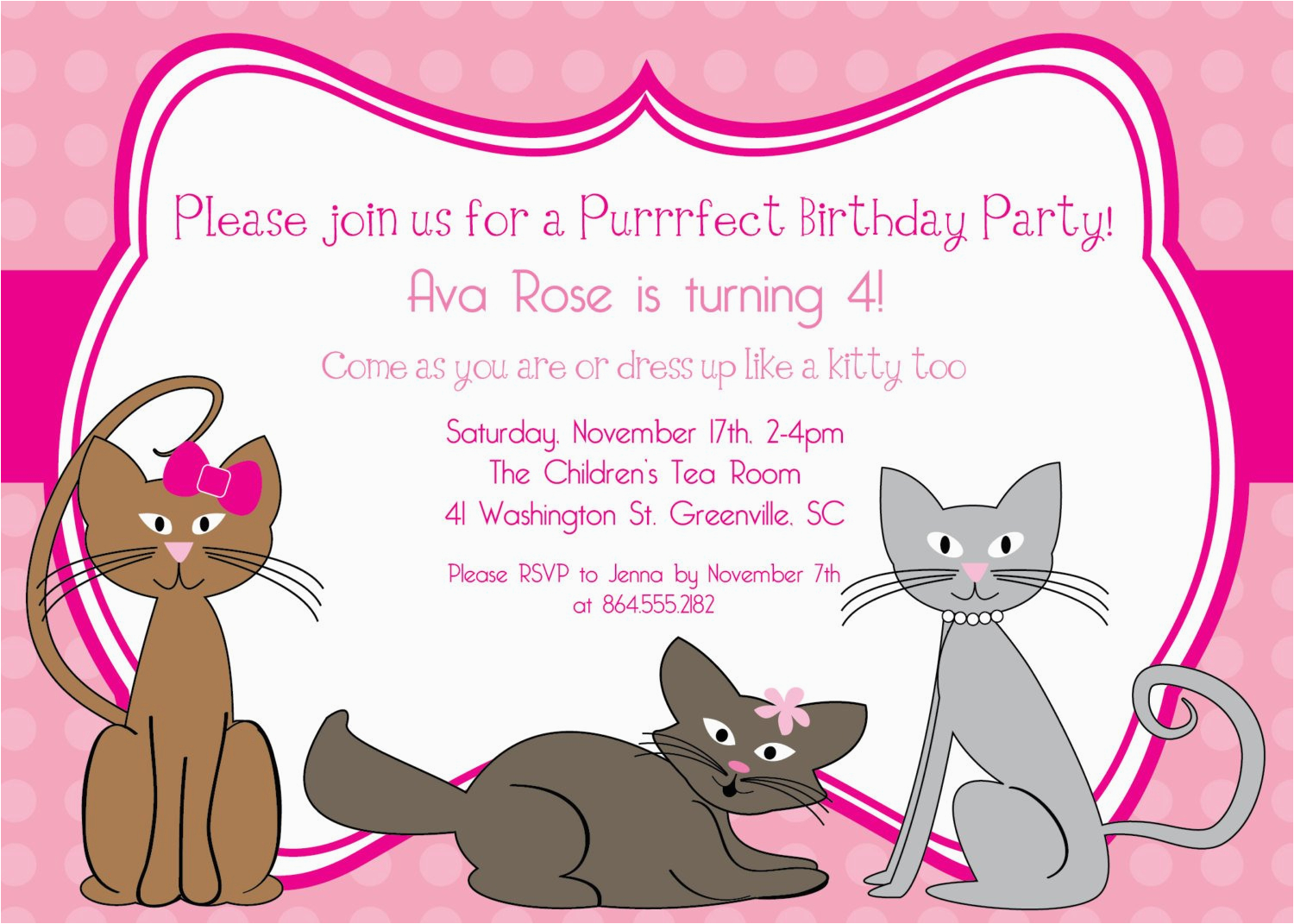 printable kitty cat birthday invitation