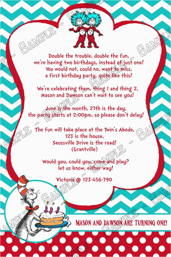 cat in the hat thing 1 and thing 2 twins 1st birthday party invitation printable