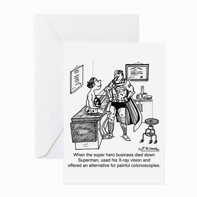 a super hero gives a colonoscopy greeting cards p by
