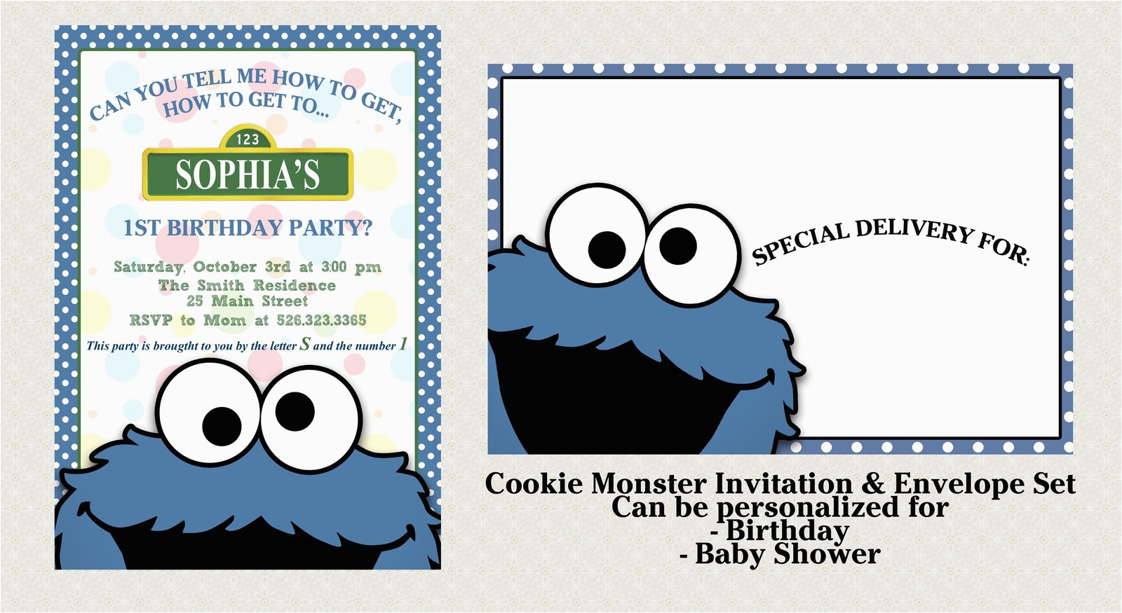 cookie monster invitation set matching envelopes birthday baby shower