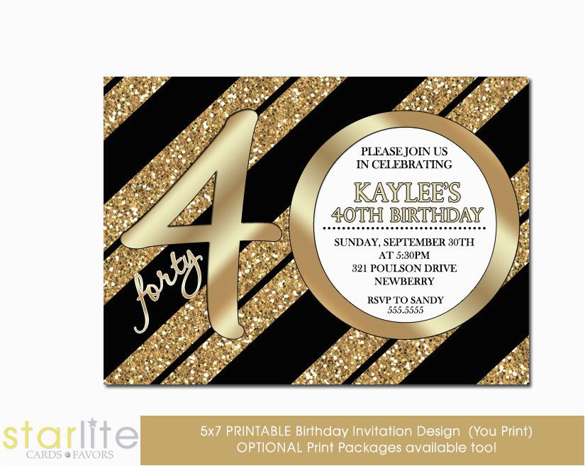 40th birthday invitation milestone birthday modern number black gold glitter glitzy glam uni