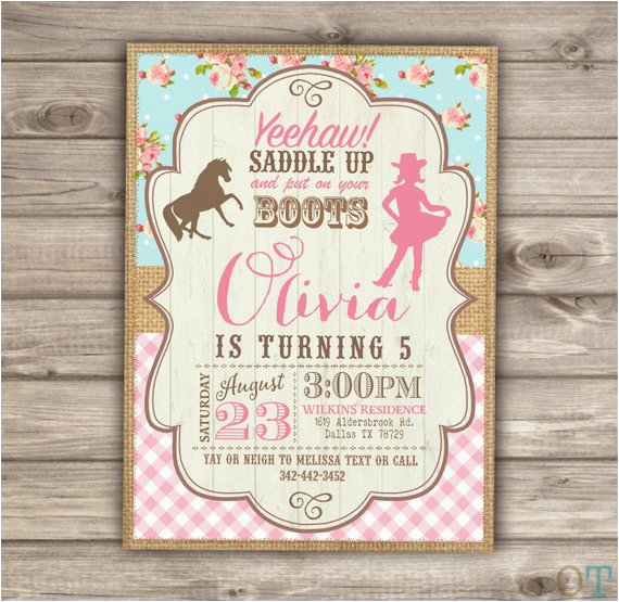 horse cowgirl invitation template birthday rustic printable