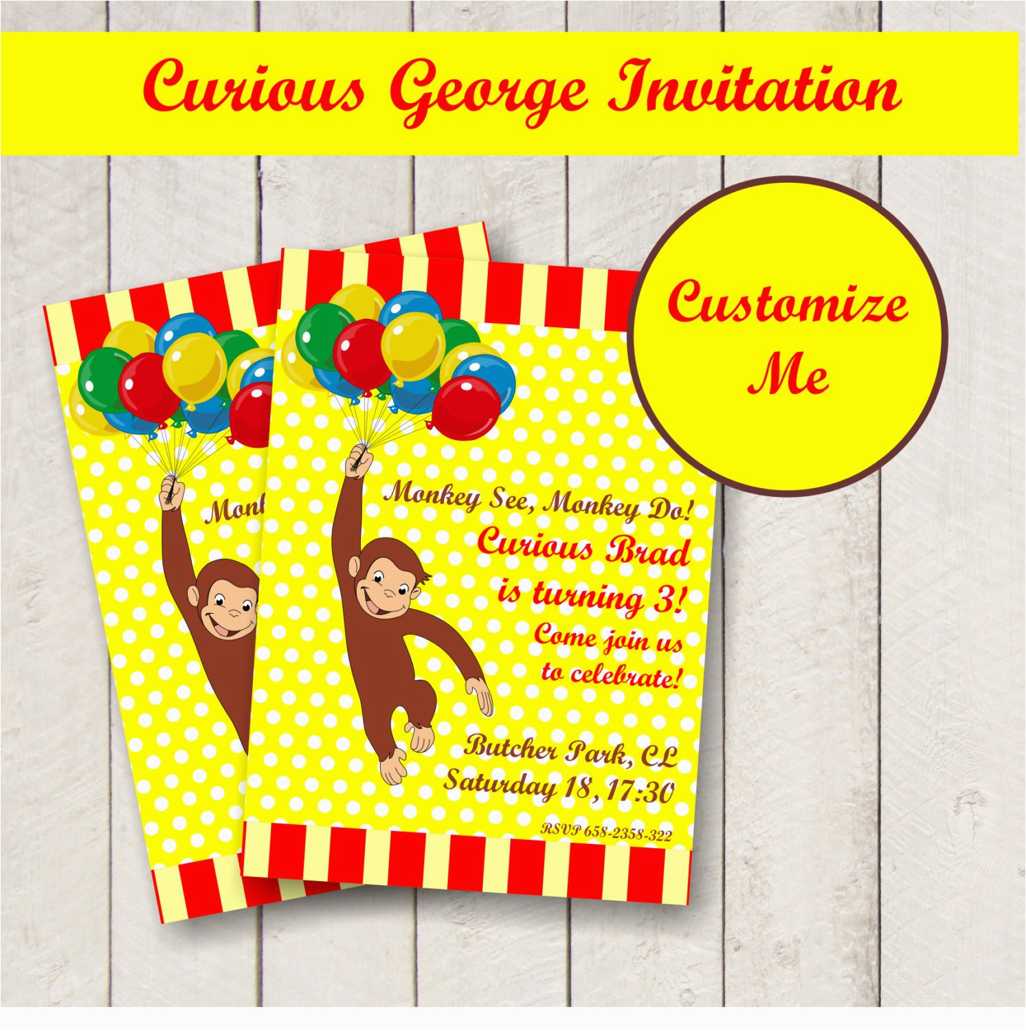 editable curious george party invitation