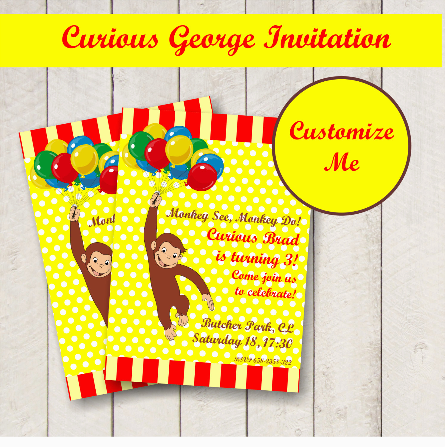 editable curious george party invitation personalized