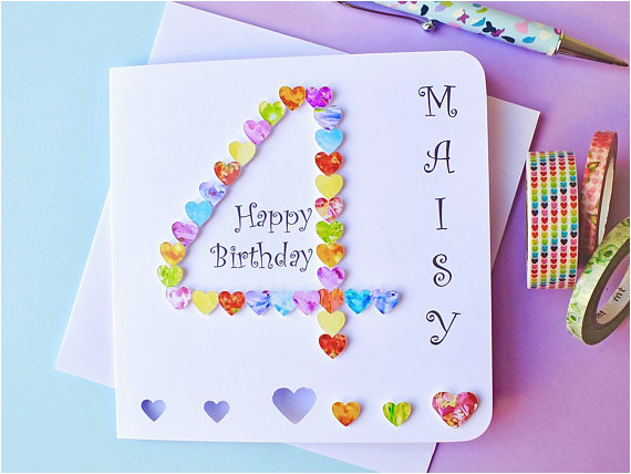 4th birthday card custom personalised age 4 card colourful