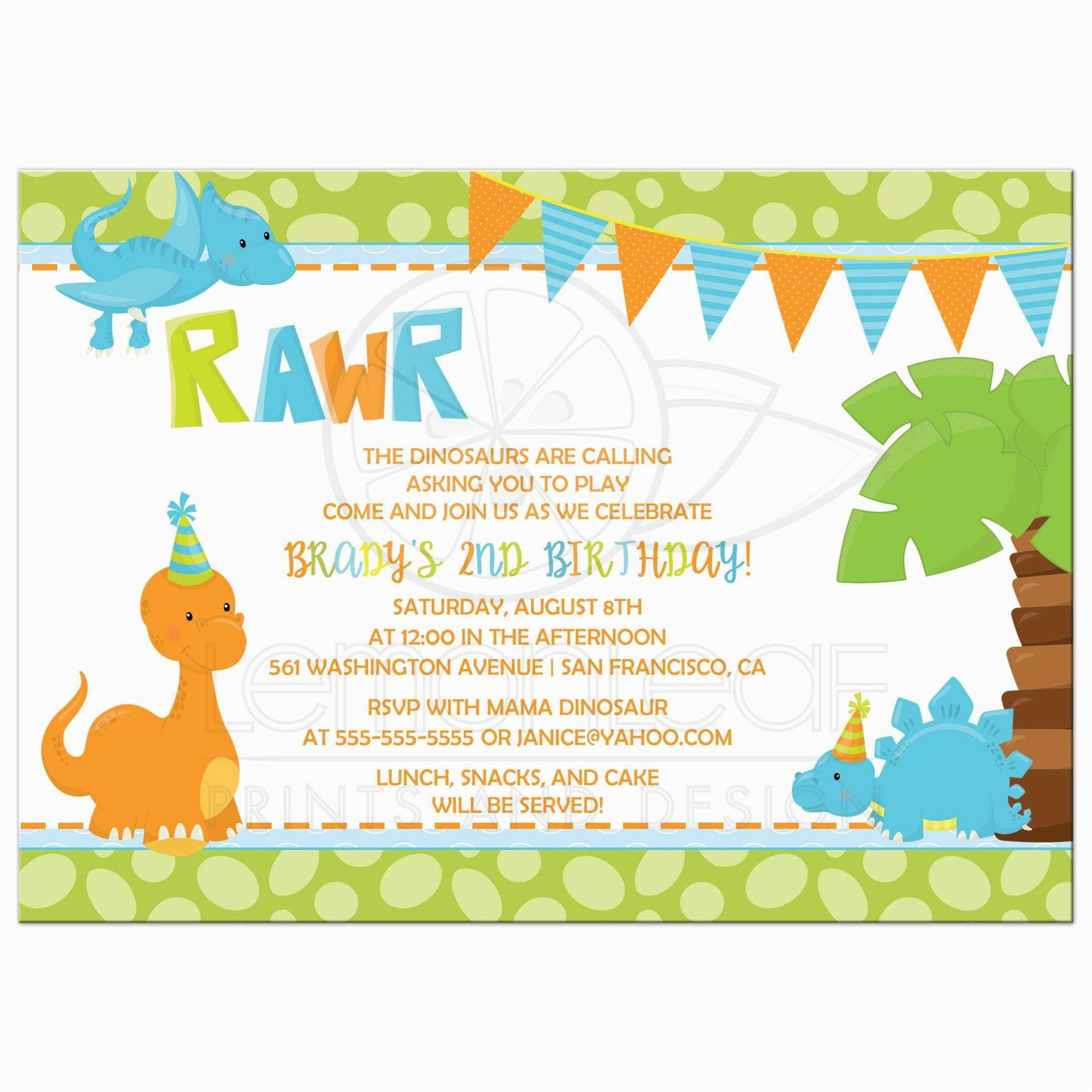 birthday party invitation boy dinosaur in orange blue and green
