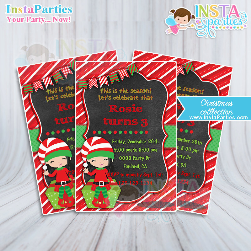 elf invitations girl christmas party invitation xmas elf girl birthday candy cane colors digital printable file 4x6 girly cute digital diy
