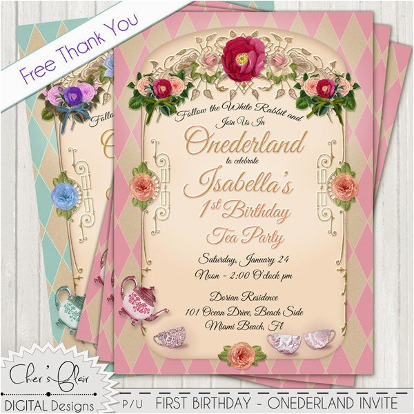 onederland tea party birthday invitation