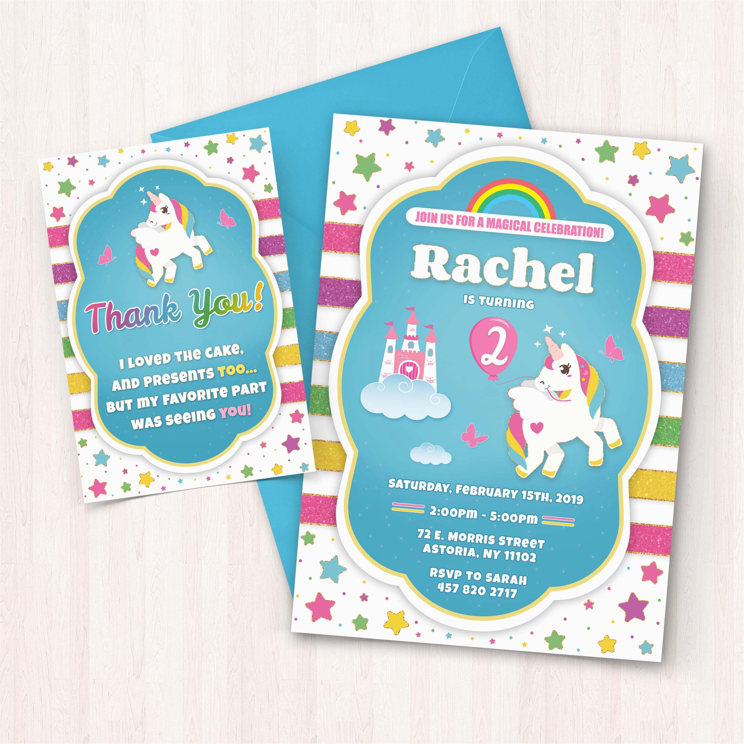 printable unicorn birthday invitations free thank you cards to print at home