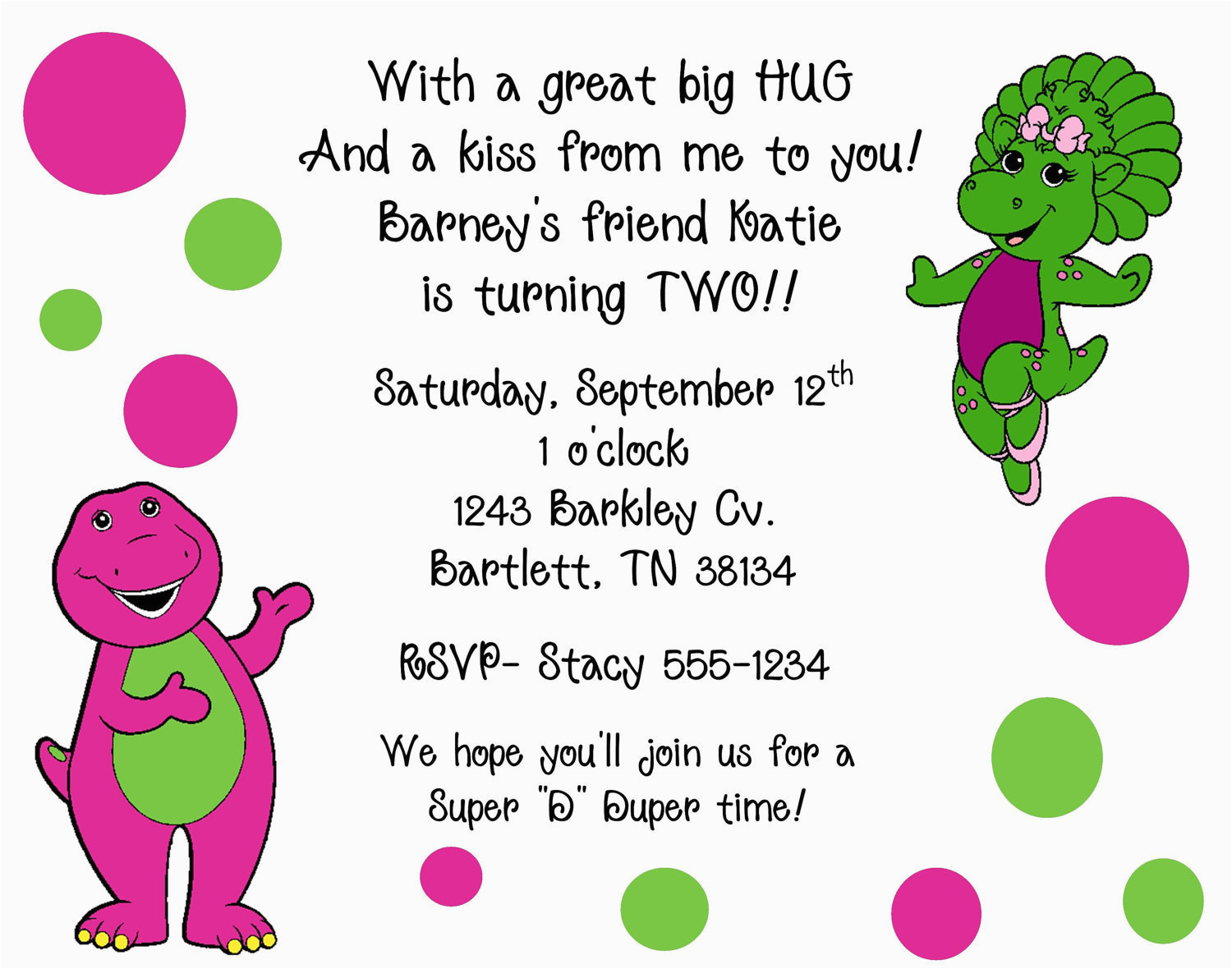 10 barney baby bop invitations with